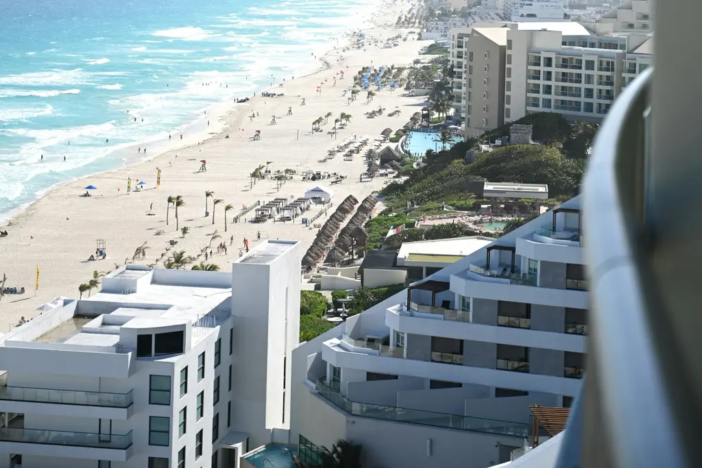 Balcony view of the beach and Hotel Zone buildings in Cancún