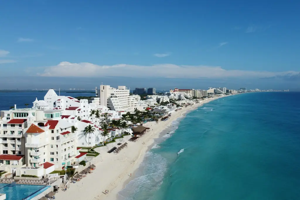 Aerial view of the Cancún Hotel Zone and turquoise sea