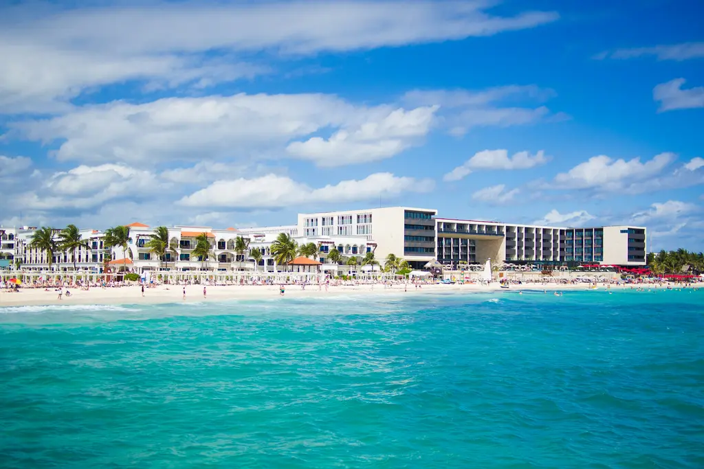 Beach and seafront buildings in Playa del Carmen