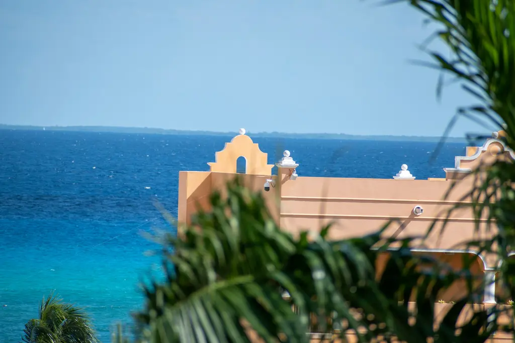 Turquoise sea seen from a terrace in Playa del Carmen