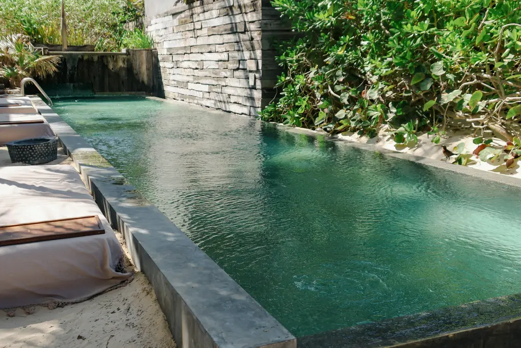 Long green-water pool between stone walls and jungle in Tulum